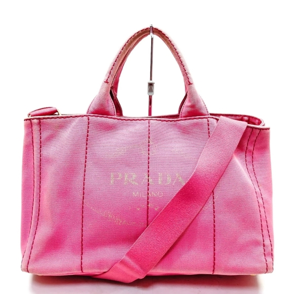PRADA Canapa Crossbody Shoulder Bag Medium Pink Canvas Purse As is - Picture 1 of 1